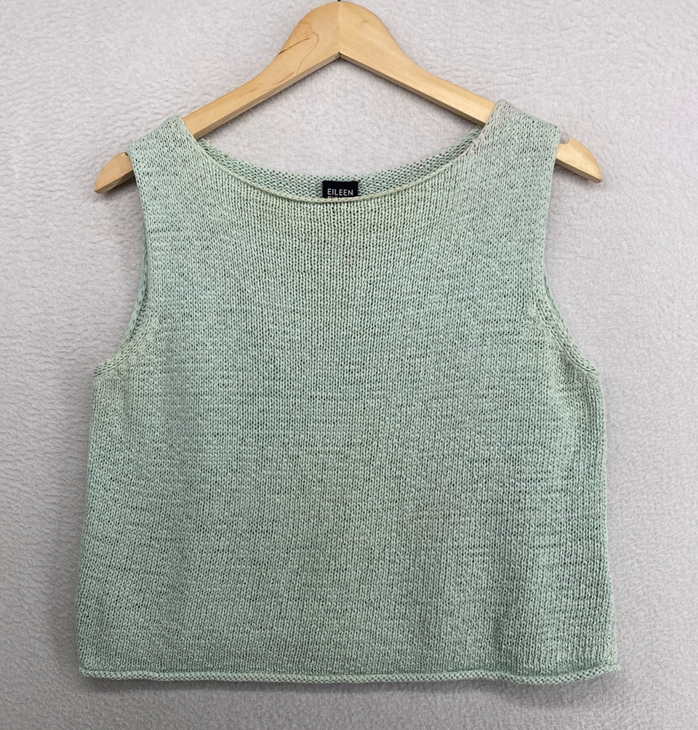 EILEEN FISHER Sweater L Cotton Tape Yarn Boxy Scoop Neck Shell Green HK